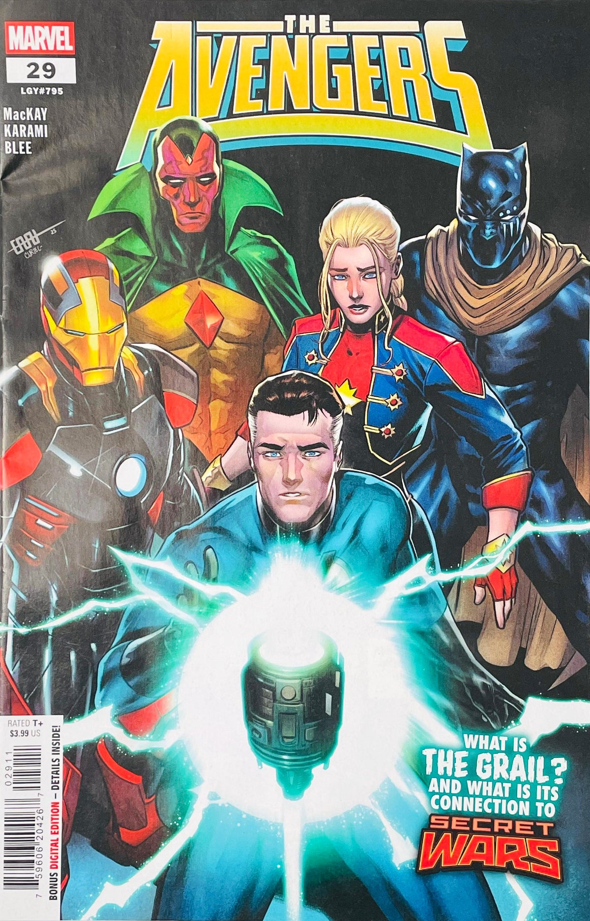 Reed Richards channeling energy into a device surrounded by Iron Man, Vision, Captain Marvel, and Black Panther on the cover of The Avengers 29.