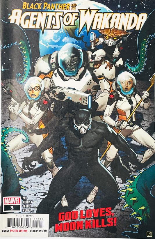 Black Panther, Gorilla-Man, Mockingbird, Okoye, and Broo in space suits on the lunar surface on the cover of Black Panther and the Agents of Wakanda 3.