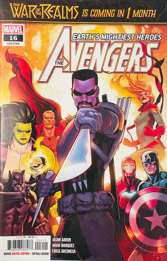 Blade drawing his sword in front of Captain America, Iron Man, and the Avengers on the cover of Avengers 16.
