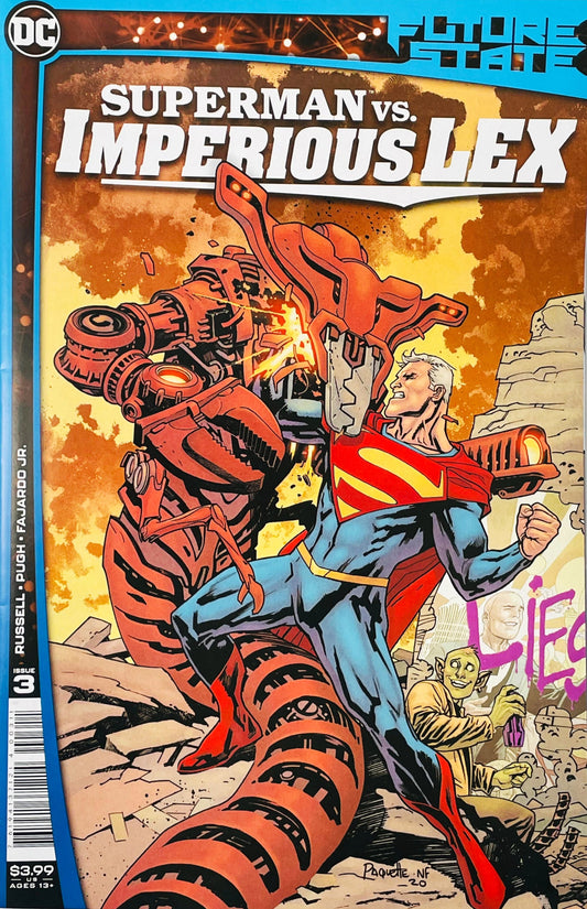 Silver-haired Superman battling a massive red mechanical creature on the Yanick Paquette cover of Future State Superman vs Imperious Lex 3.
