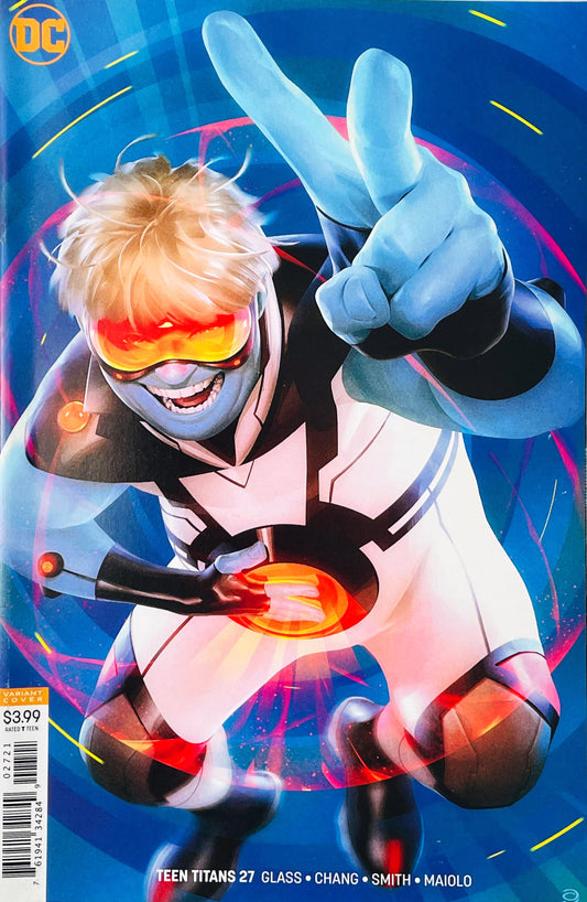 Roundhouse throwing a peace sign while leaping out of a energy portal on the Alex Garner variant cover of Teen Titans 27.