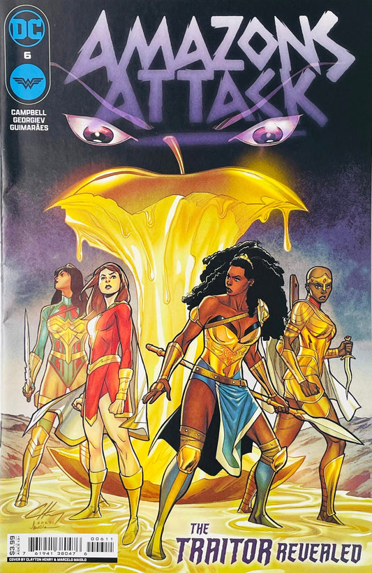 Yara Flor, Mary Marvel, and Amazon warriors standing before a golden melting apple on the cover of Amazons Attack 6.