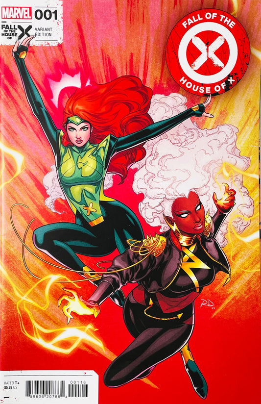 Jean Grey and Storm unleashing telepathic and lightning energy on the Russell Dauterman variant cover of Fall of the House of X 1.