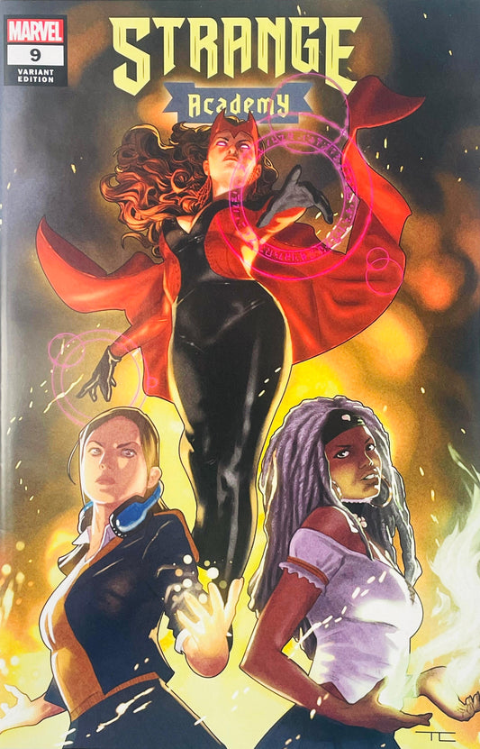 Scarlet Witch casting magic in mid-air above Emily Bright and Zoe Laveau on the Travis Charest variant cover of Strange Academy 9.