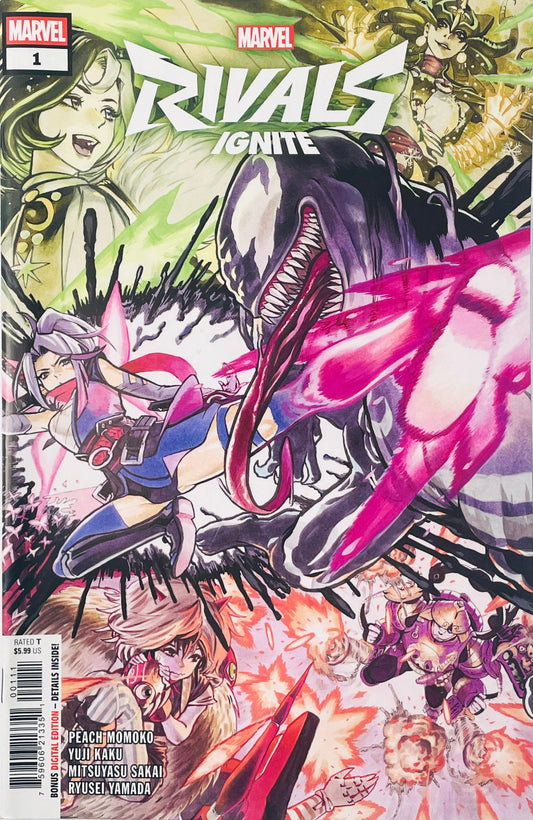Psylocke landing a flying kick on Venom in Peach Momoko's manga watercolor style on the cover of Marvel Rivals Ignite 1.