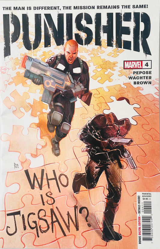 Joe Garrison as the new Punisher charging with a rifle above Jigsaw on the Rod Reis cover of Punisher 4.