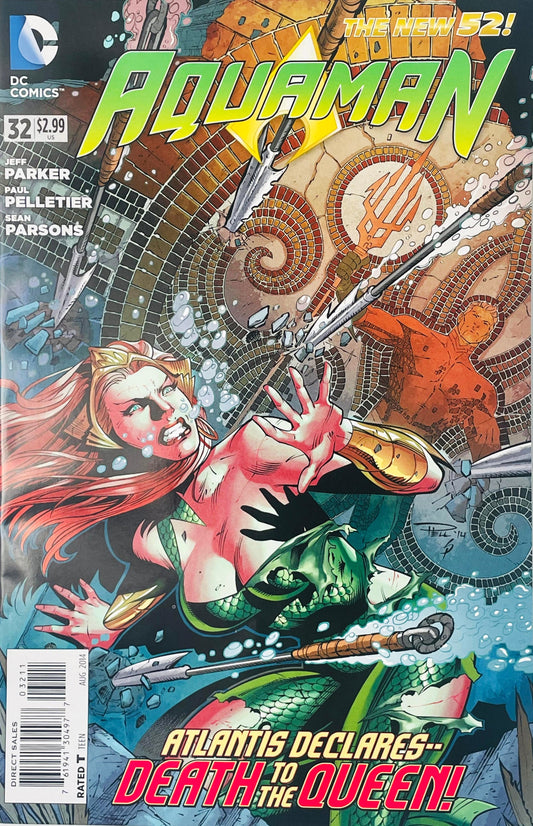 Queen Mera dodging Atlantean harpoons underwater in front of an Aquaman mosaic on Paul Pelletier's cover of Aquaman issue 32.