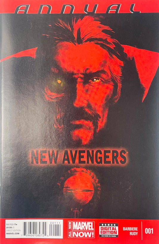 Doctor Strange with a glowing eye bathed in red light on Marco Rudy cover of New Avengers Annual issue 1.