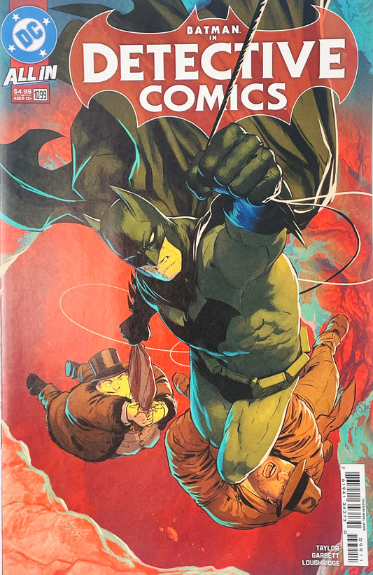 Batman swinging on a grapple rope with Harvey Bullock while The Penguin glides on an umbrella on Mikel Janin's cover of Detective Comics issue 1099.