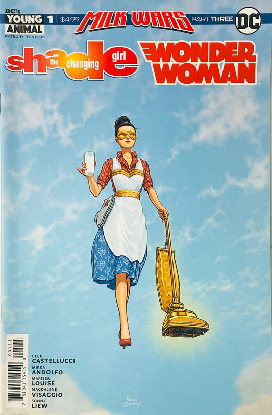 Brainwashed Wonder Woman dressed as a 50s housewife with a glass of milk and vacuum on Frank Quitely cover of Shade Wonder Woman issue 1.