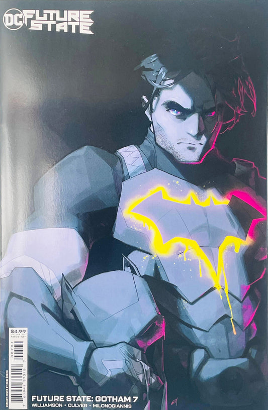 Unmasked Jason Todd holding his helmet with glowing neon eyes on the Rose Besch variant cover of Future State Gotham issue 7.