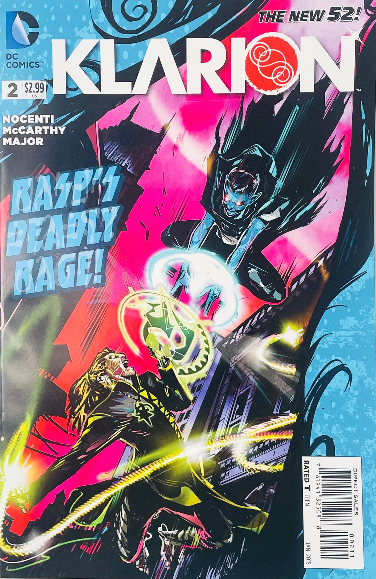 Klarion the Witch Boy unleashing blue magic energy at Rasp on the Trevor McCarthy cover of Klarion issue 2.