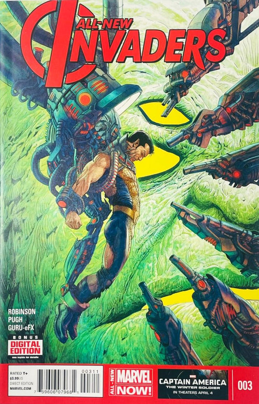 Namor the Sub-Mariner trapped and bound in mechanical Kree technology on Steve Pugh cover of All-New Invaders issue 3.