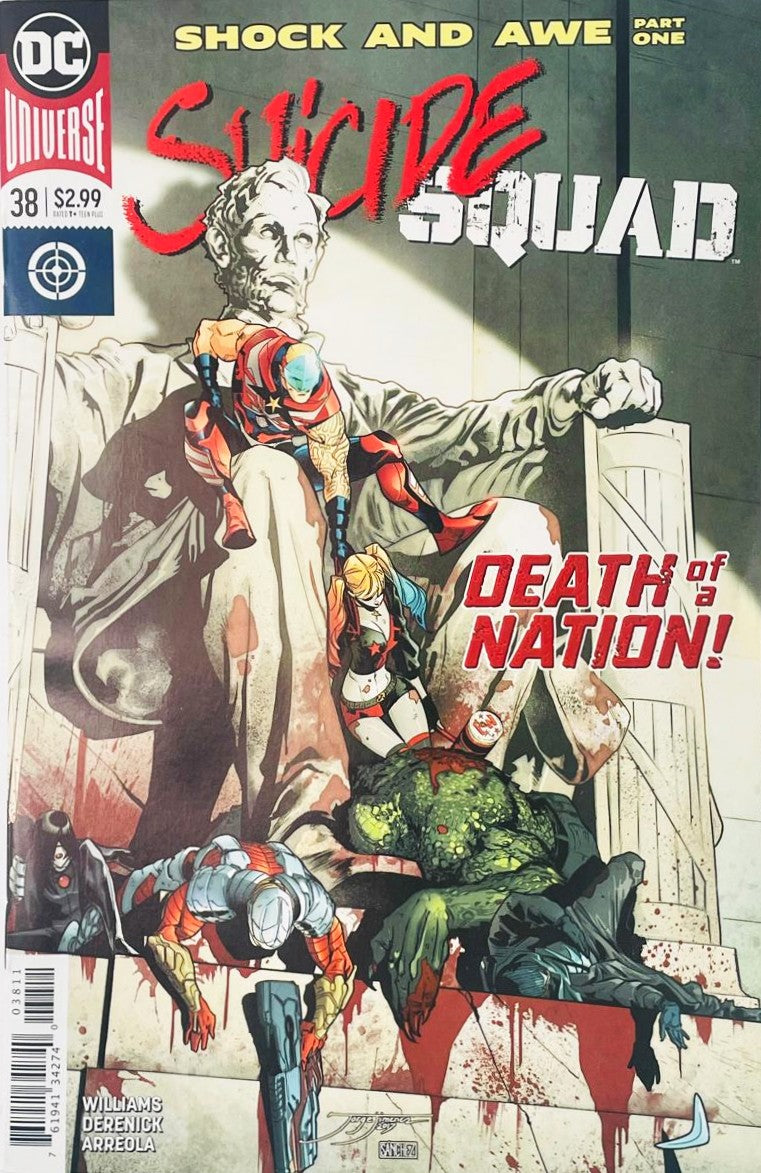 Harley Quinn and Task Force X defeated around a bloodied Lincoln Memorial statue on Jorge Jimenez cover of Suicide Squad issue 38.