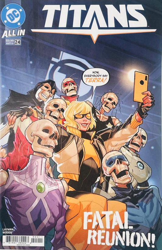 Terra smiling and taking a selfie with skeletal Titans team members in superhero costumes on Pete Woods cover of Titans issue 24.