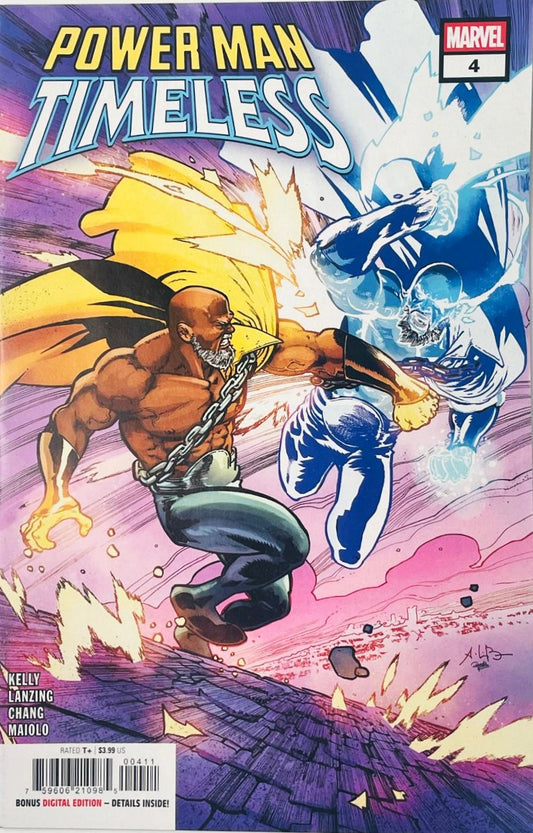 An elder Luke Cage trading a simultaneous punch with a blue glowing spectral variant on Bernard Chang cover of Power Man Timeless issue 4.