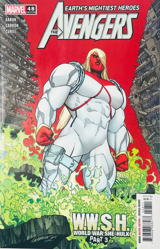 She-Hulk in white and red Winter Guard armor surrounded by green radioactive flames on Javier Garron cover of Avengers issue 48.