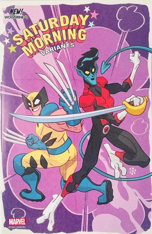 Wolverine popping his claws alongside a smiling Nightcrawler with a sword in animated cartoon style on Sean Galloway cover of Wolverine issue 1.