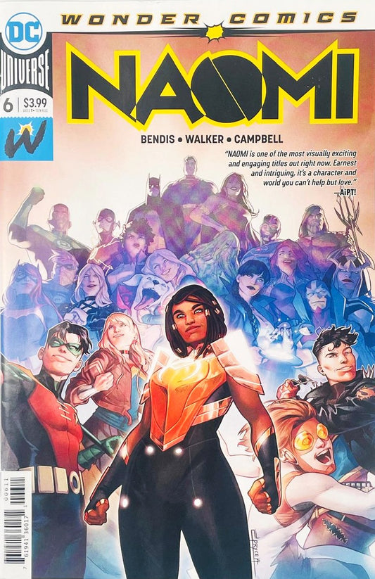 Naomi McDuffie in glowing armor standing in front of the Justice League and Young Justice heroes on the Jamal Campbell cover of Naomi issue 6.