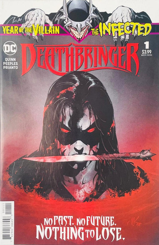 Infected Donna Troy with glowing red eyes holding a dagger in her mouth on Viktor Bogdanovic cover of The Infected Deathbringer issue 1.