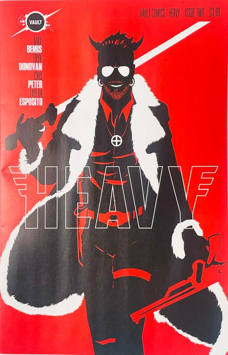 Silhouetted character Remi in a fur-lined coat with sunglasses and sword on the Eryk Donovan cover of Heavy issue 2.