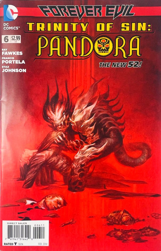A spiky demonic monster standing over a fallen Pandora in a pool of blood on Julian Totino Tedesco's cover of Trinity of Sin Pandora issue 6.