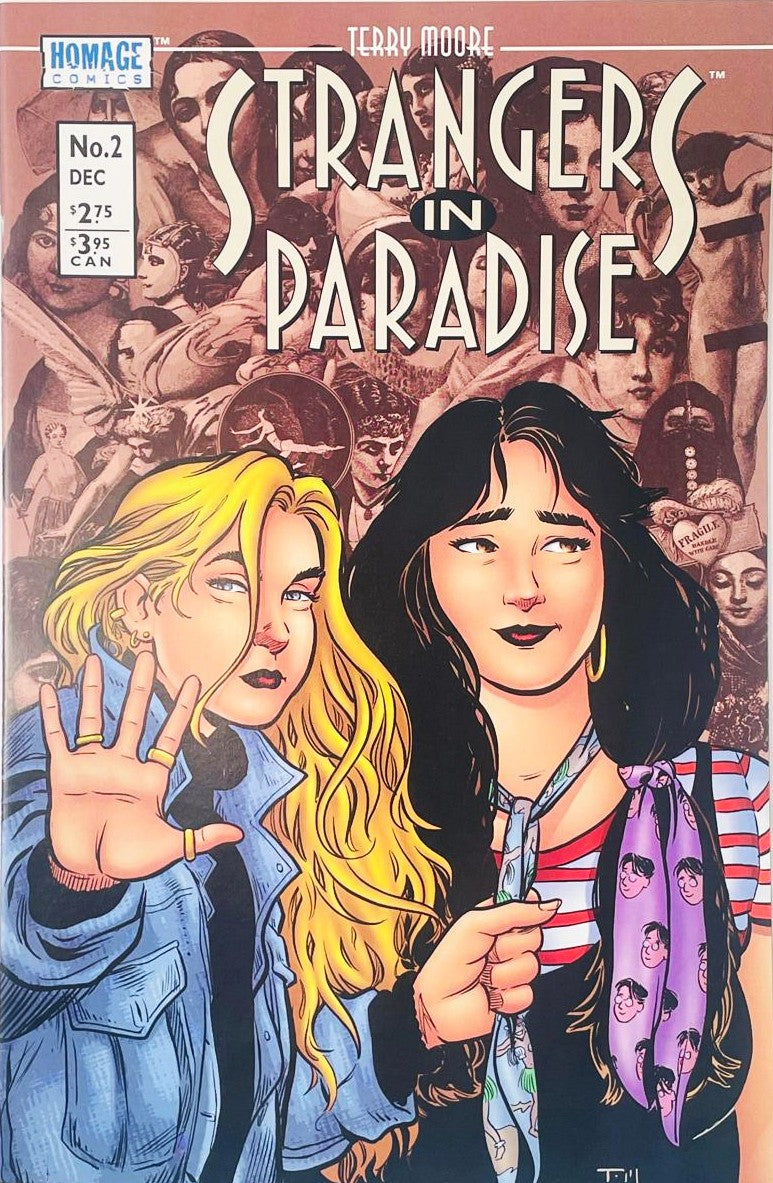 Katchoo holding up her hand next to Francine in front of a vintage art collage on Terry Moore's Strangers in Paradise cover.