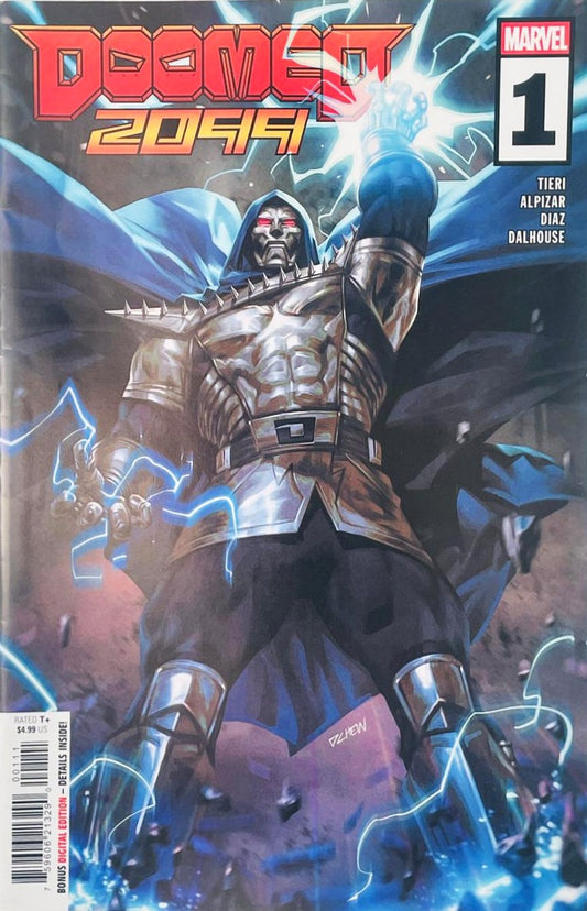 Doctor Doom in futuristic chrome armor channeling blue lightning on Derrick Chew cover of Doom 2049 issue 1.