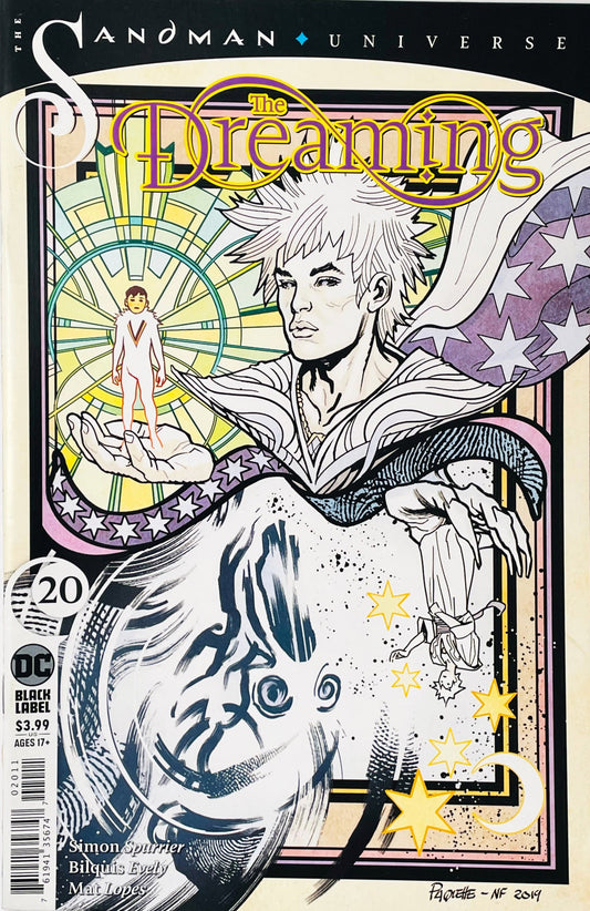 Wan holding a tiny figure on Yanick Paquette stained-glass Art Nouveau cover of The Dreaming issue 20.