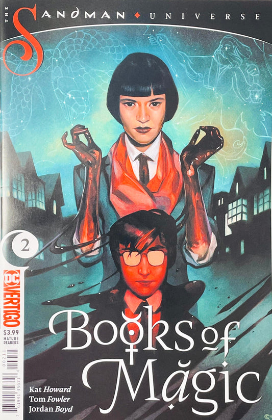 Dr. Rose standing behind a young Timothy Hunter with hands dripping black magic on Kai Carpenter cover of Books of Magic issue 2.