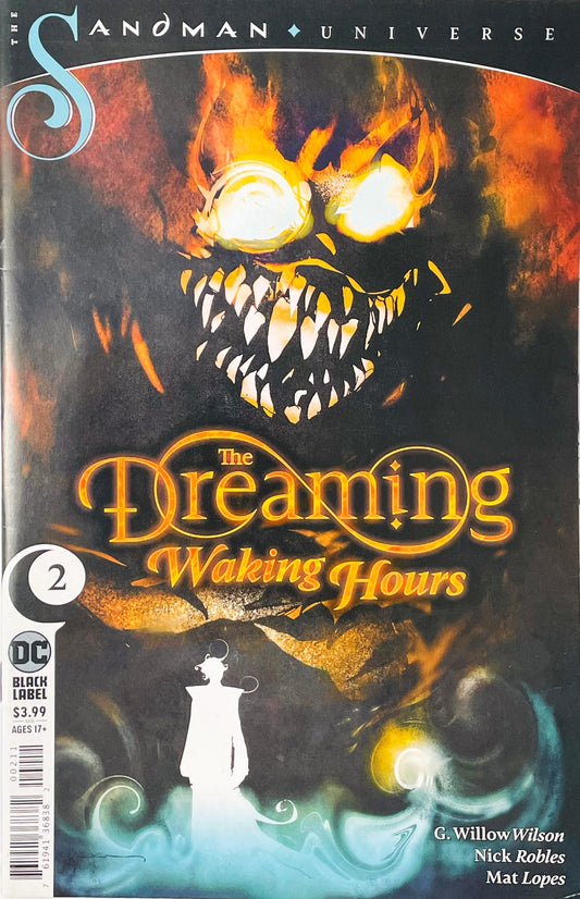 Ruin in white silhouette standing beneath a giant flaming nightmare monster on Nick Robles cover of The Dreaming Waking Hours issue 2.