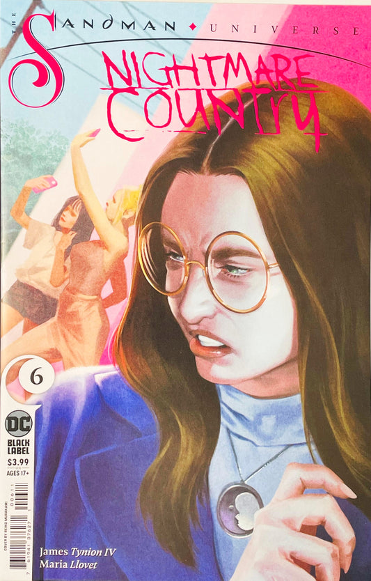 Madison Flynn with round glasses and crescent moon pendant grimacing on Reiko Murakami cover of Nightmare Country issue 6.