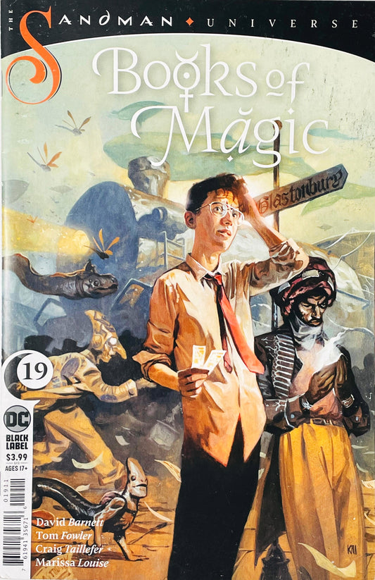 Tim Hunter scratching his head while holding tickets next to a mystic figure at a Glastonbury train station on Kai Carpenter cover of Books of Magic issue 19.