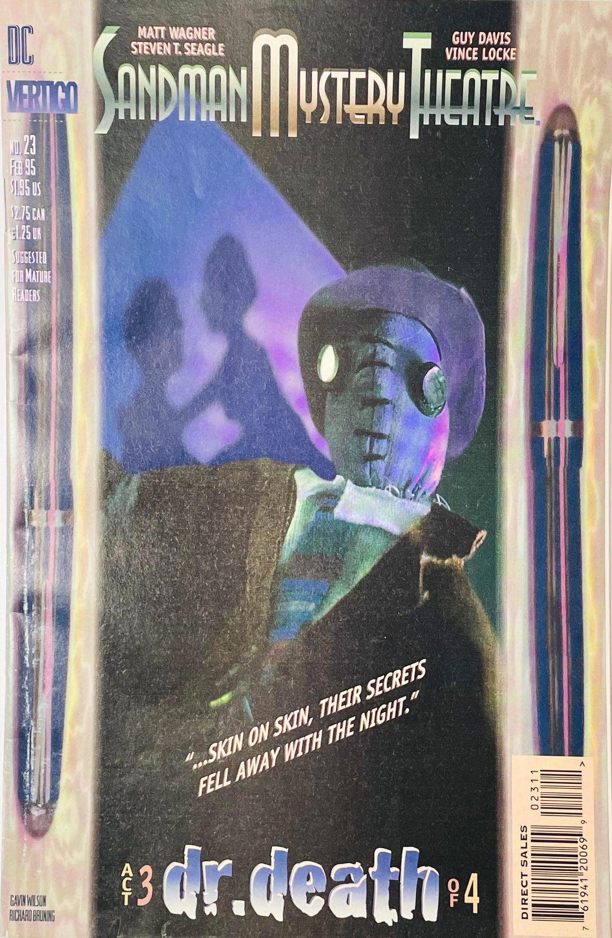 Wesley Dodds in gas mask flanked by fountain pens against a purple background on Gavin Wilson cover of Sandman Mystery Theatre issue 23.