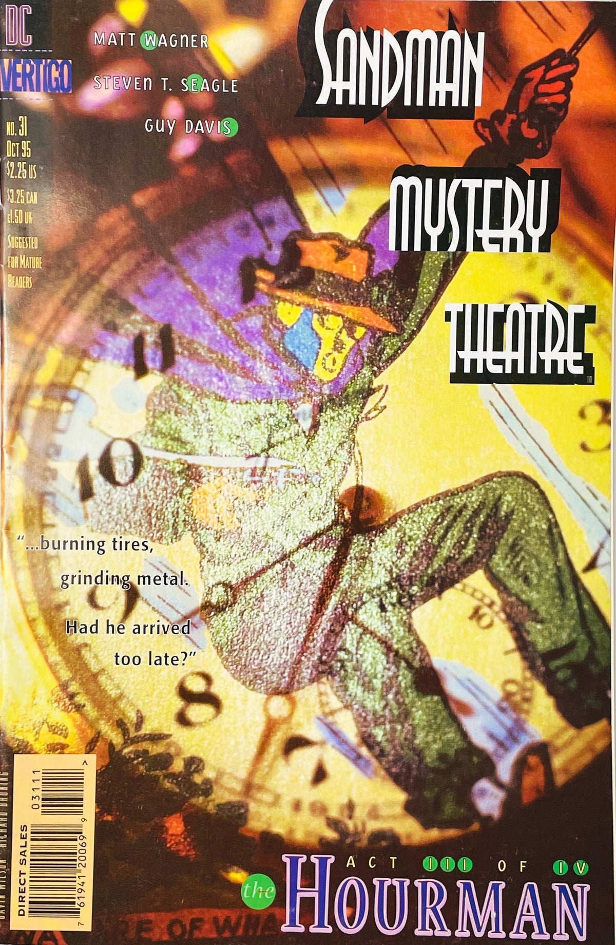 Wesley Dodds in gas mask and trench coat overlaid across vintage clock faces on Gavin Wilson cover of Sandman Mystery Theatre issue 31.