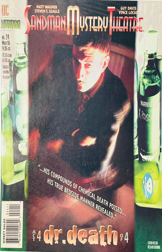 Wesley Dodds looking upward framed by green poison bottles on Gavin Wilson cover of Sandman Mystery Theatre issue 24.