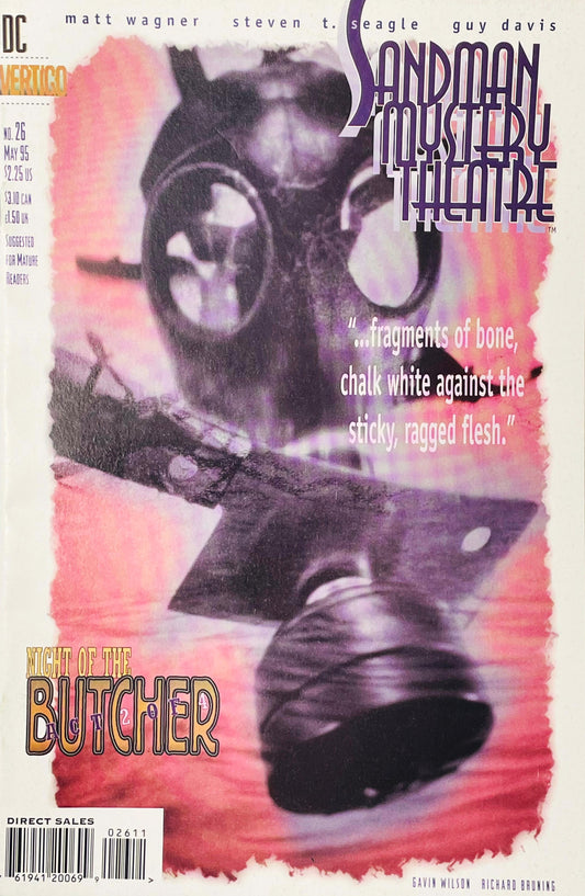 Wesley Dodds in gas mask behind a meat cleaver on Gavin Wilson cover of Sandman Mystery Theatre issue 26.