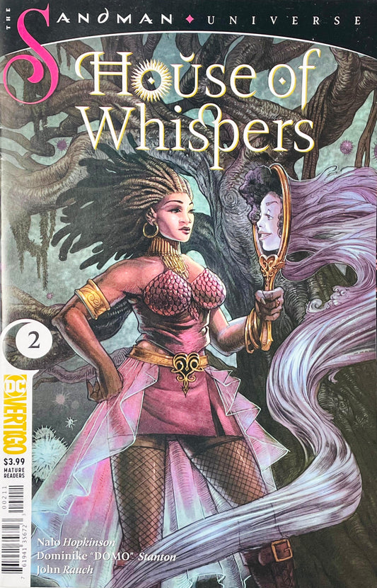 Erzulie Freda holding a hand mirror that reflects a flowing purple spirit on Dominike Stanton cover of House of Whispers issue 2.
