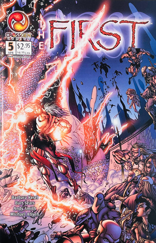 White-haired god surrounded by red lightning shattering stone streets on Bart Sears cover of The First issue 5.