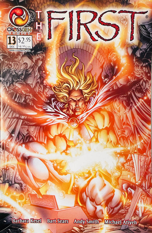 Pyrem glowing with explosive golden energy over an open chest on Bart Sears cover of The First issue 13.