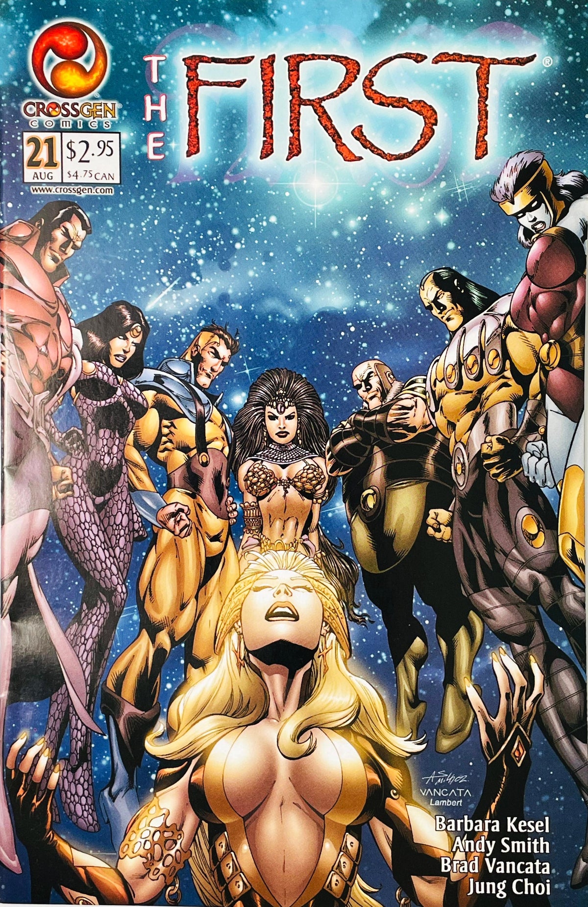 Persha glowing with golden cosmic power surrounded by immortal gods on Andy Smith cover of The First issue 21.