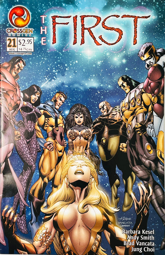 Persha glowing with golden cosmic power surrounded by immortal gods on Andy Smith cover of The First issue 21.