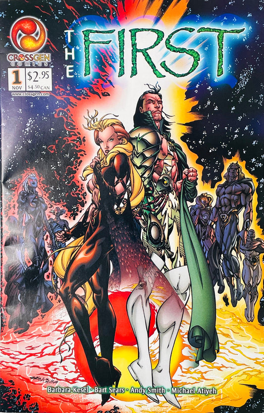Ingra and Pyrem standing in the center surrounded by immortal gods on Bart Sears cover of The First issue 1.