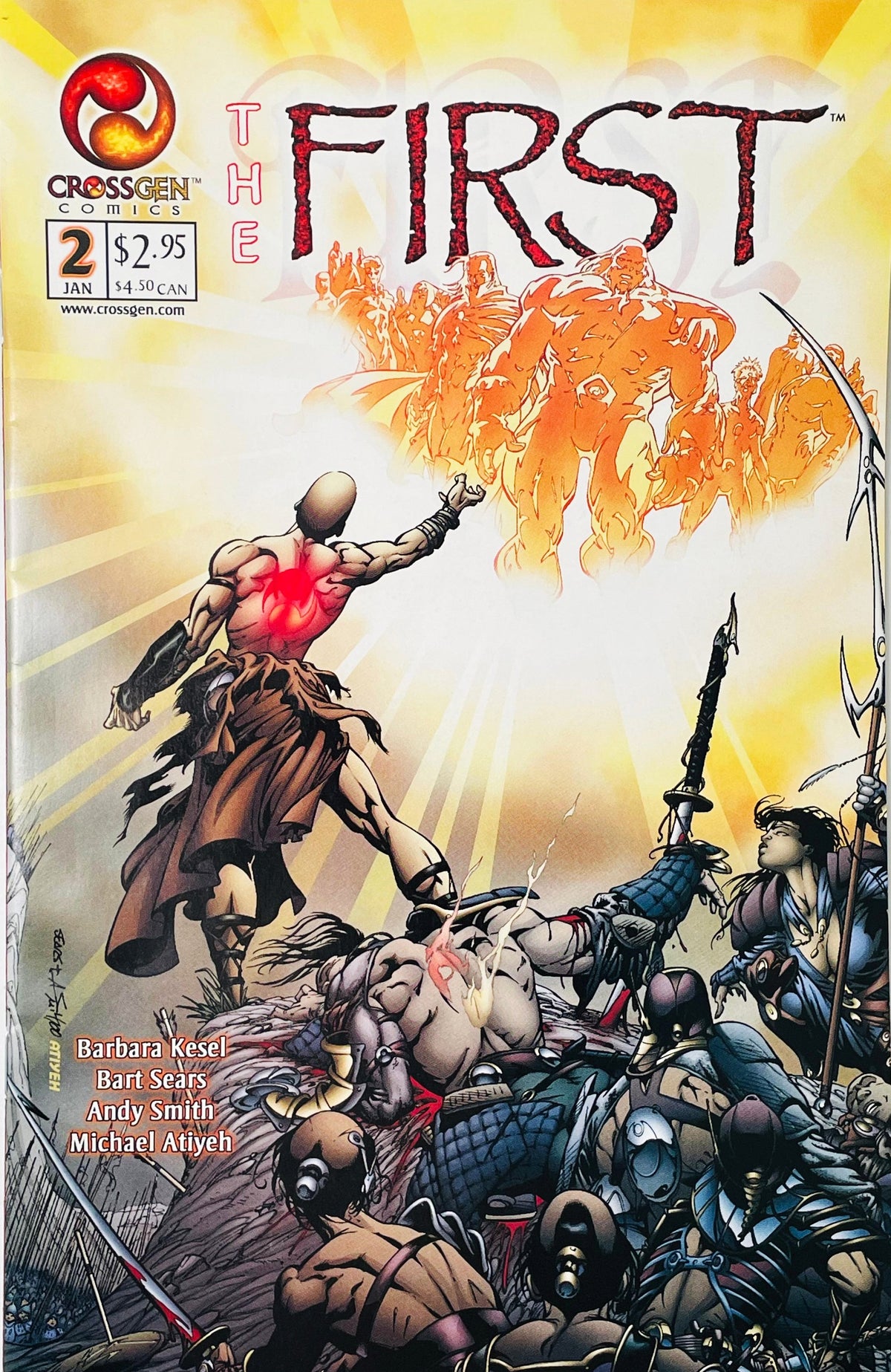 Sigil bearer with a glowing red brand on his back reaching toward divine figures in the sky on Bart Sears cover of The First issue 2.