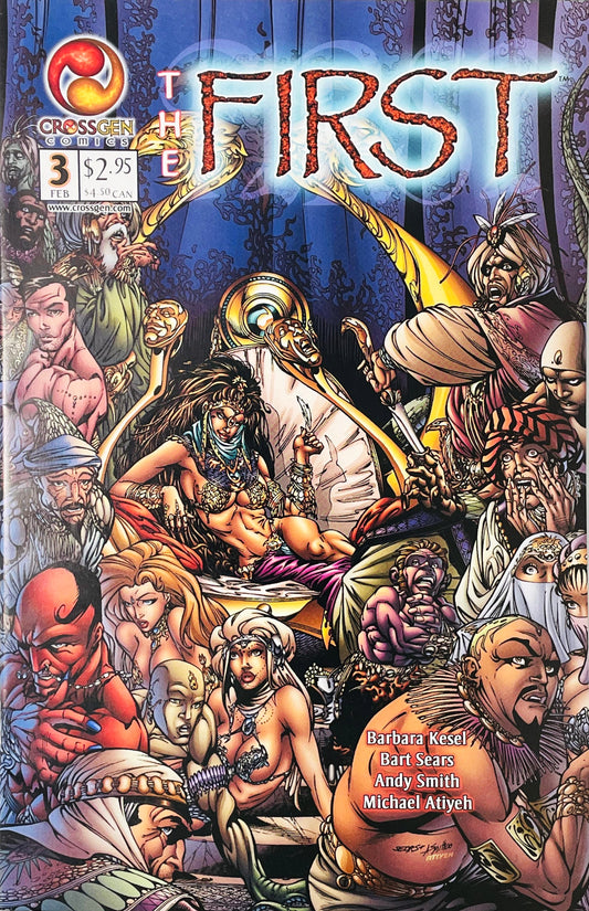Persha sitting on a gold throne surrounded by an anxious crowd of courtiers on Bart Sears cover of The First issue 3.