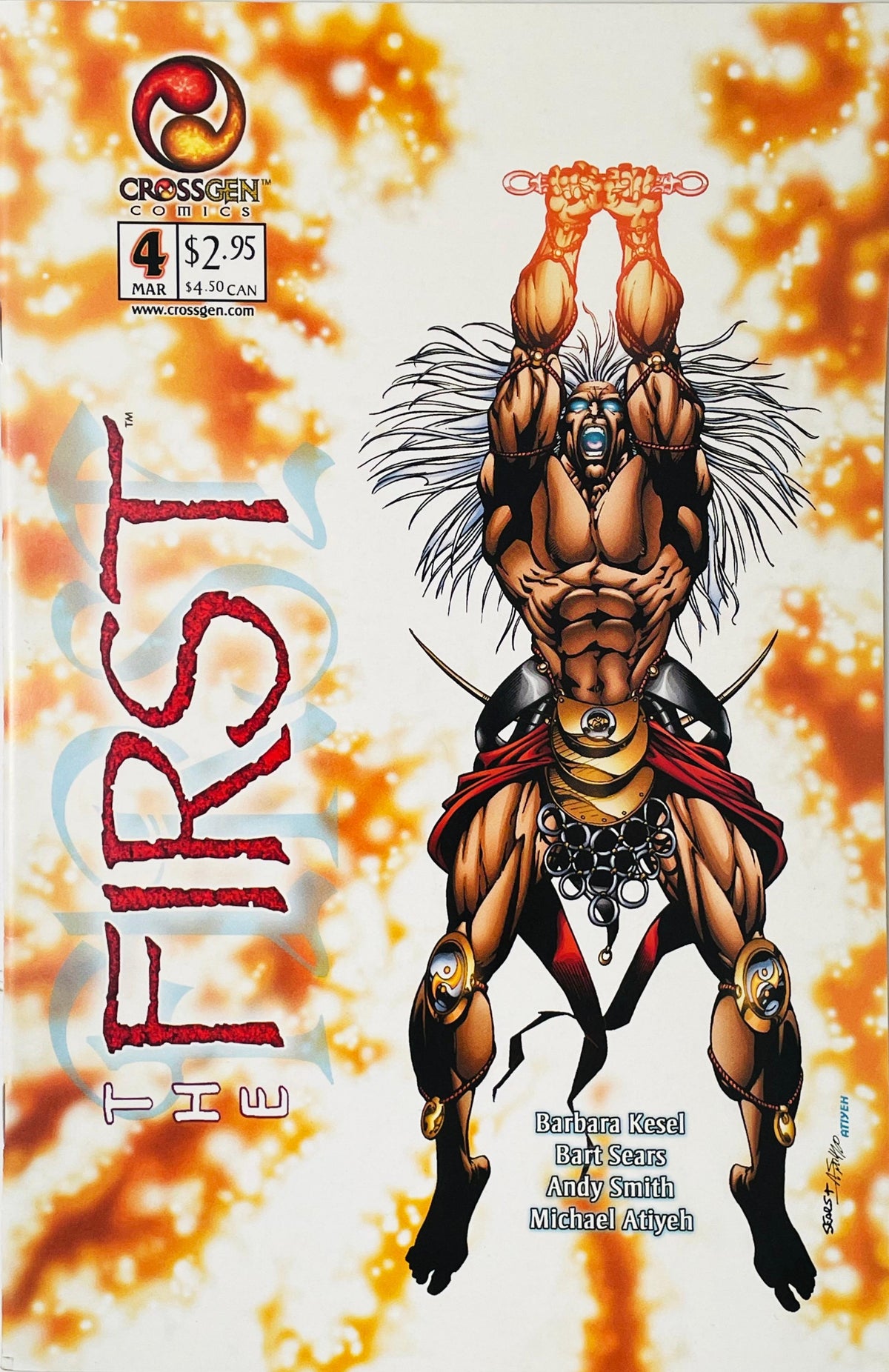 Muscular white-haired god chained by glowing wrists against a fiery orange background on Bart Sears cover of The First issue 4.