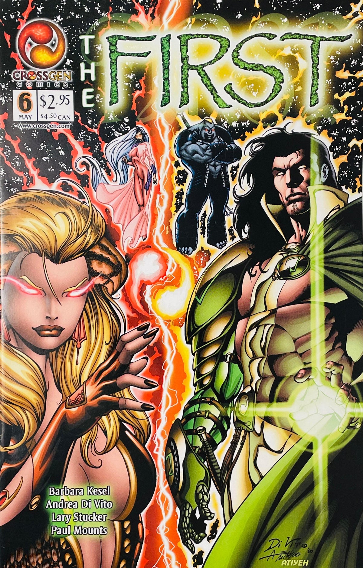Ingra with red eyes facing off against Seahn split by lightning energy on Andrea Di Vito cover of The First issue 6.