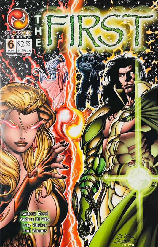 Ingra with red eyes facing off against Seahn split by lightning energy on Andrea Di Vito cover of The First issue 6.