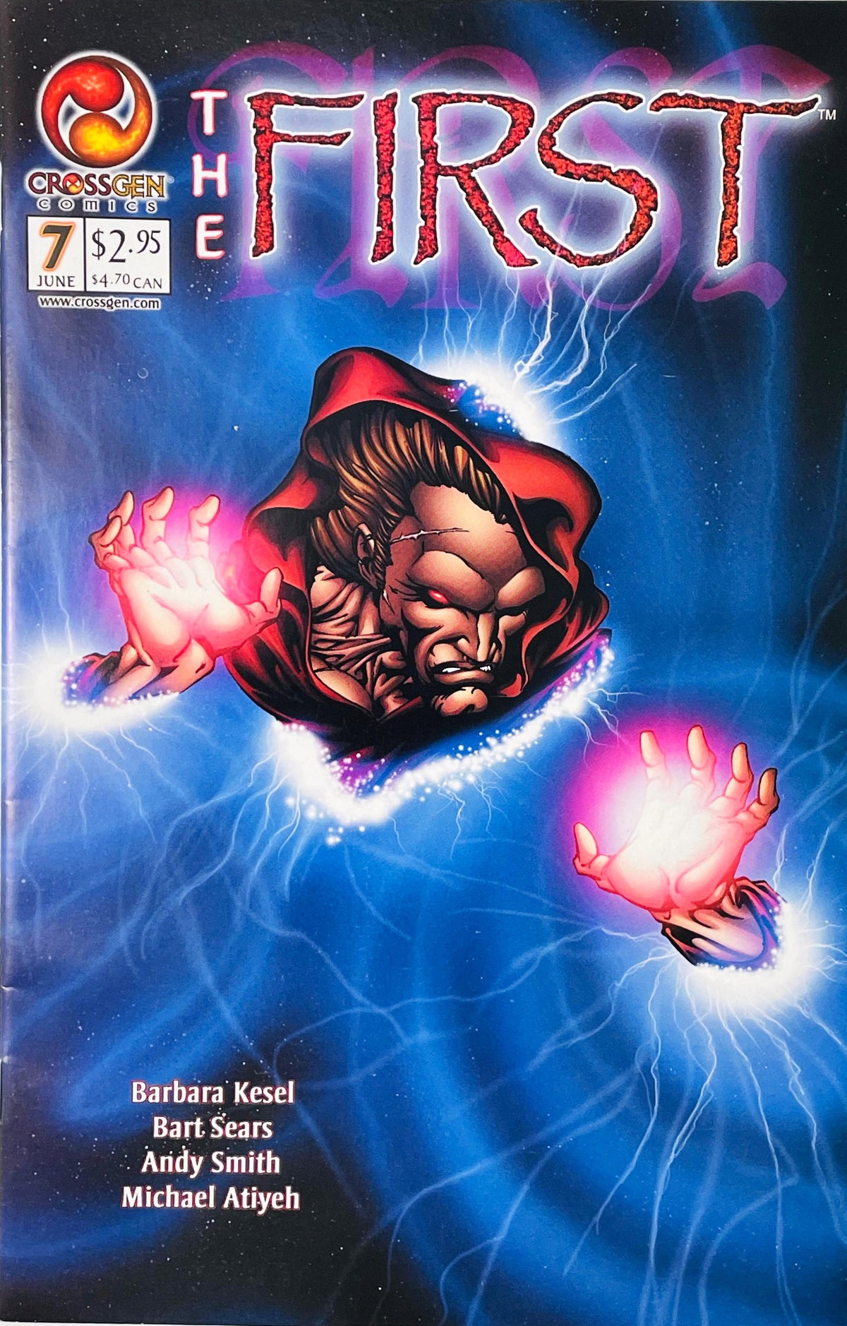 Red hooded figure with glowing eyes tearing through a blue lightning portal on Bart Sears cover of The First issue 7.