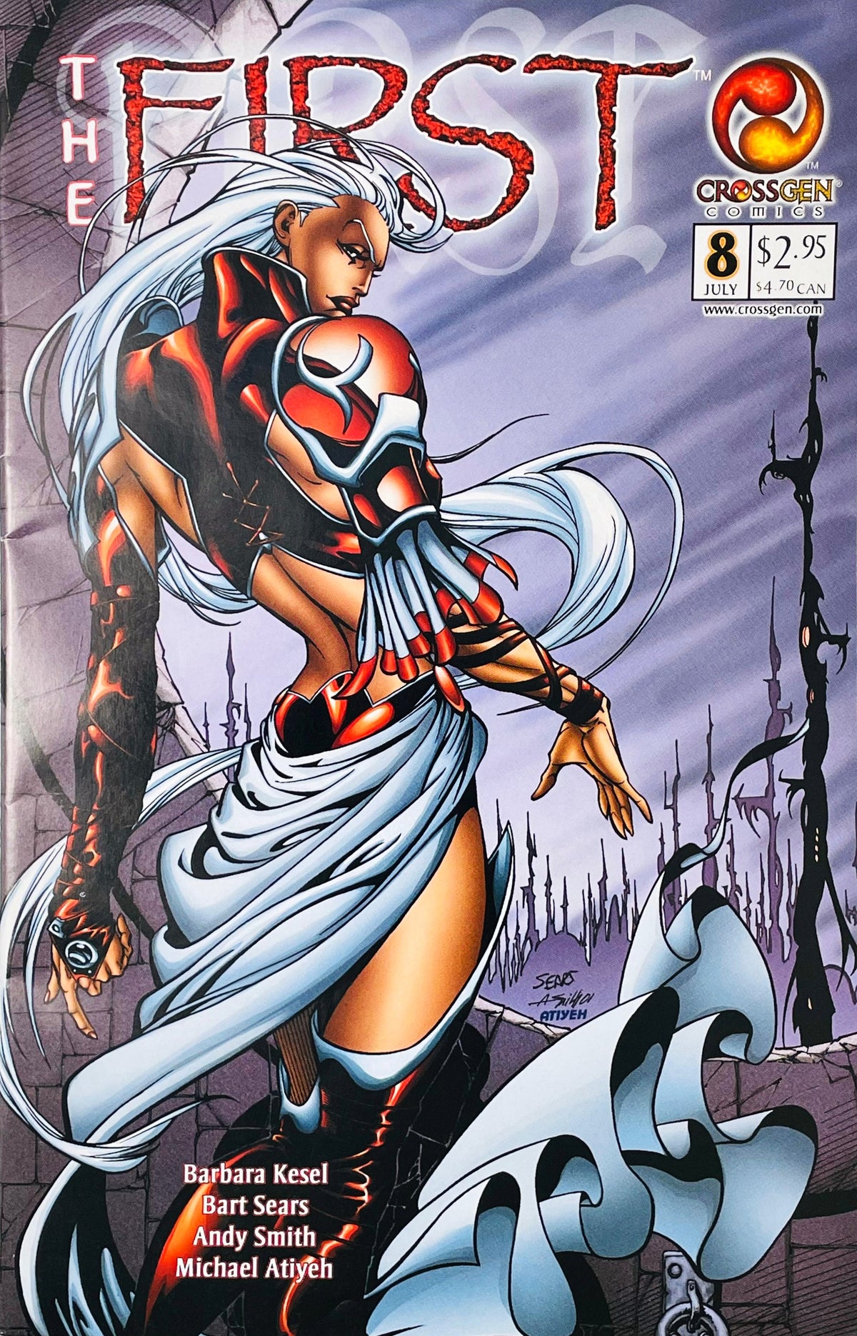 Inanna with white hair looking over her shoulder in red armor on Bart Sears cover of The First issue 8.